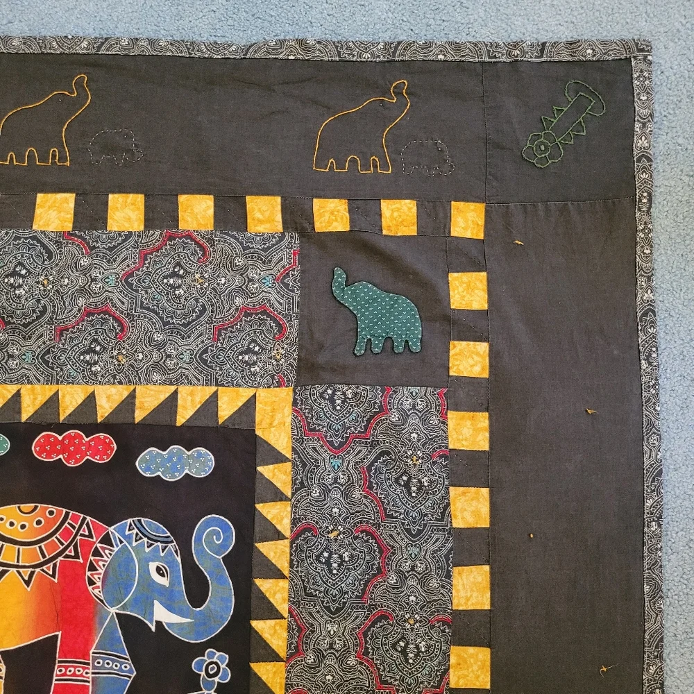 Handmade Original Summer Quilt Colorful Elephant Batik Embroidered 45x45